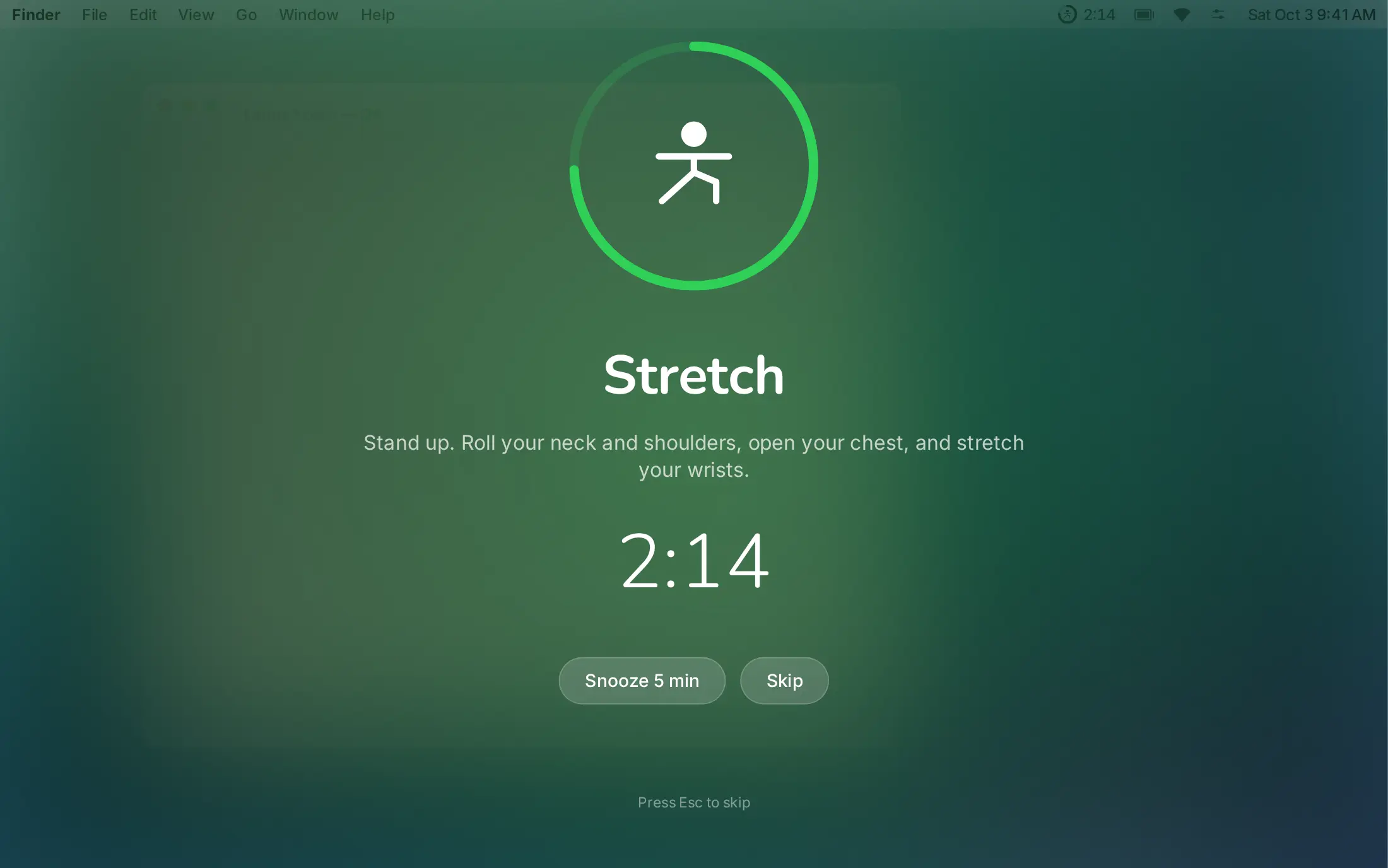 A full-screen Stretch break with a green progress ring and 2:14 remaining.