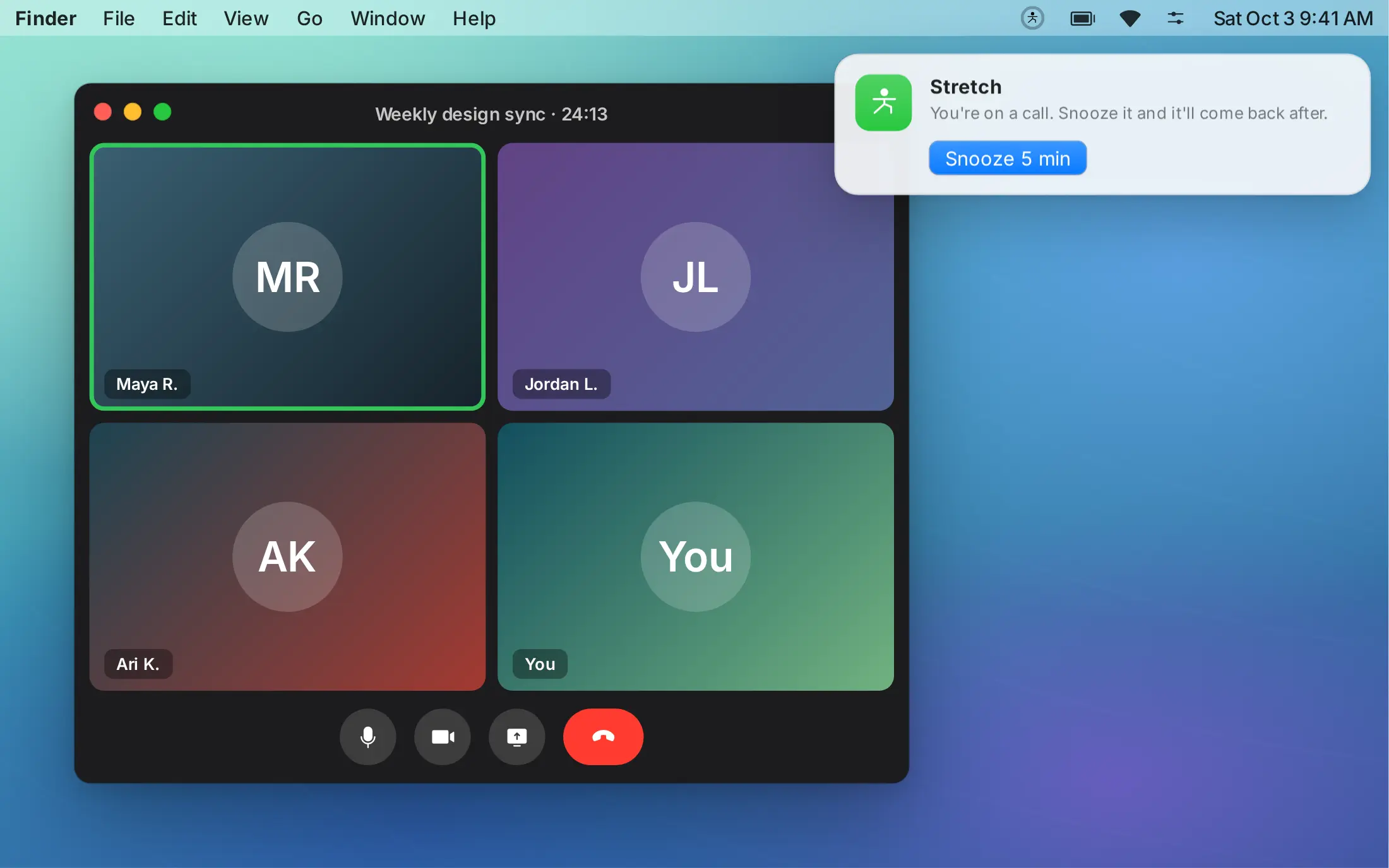 A video call with a small Stretch banner offering to snooze for 5 minutes.