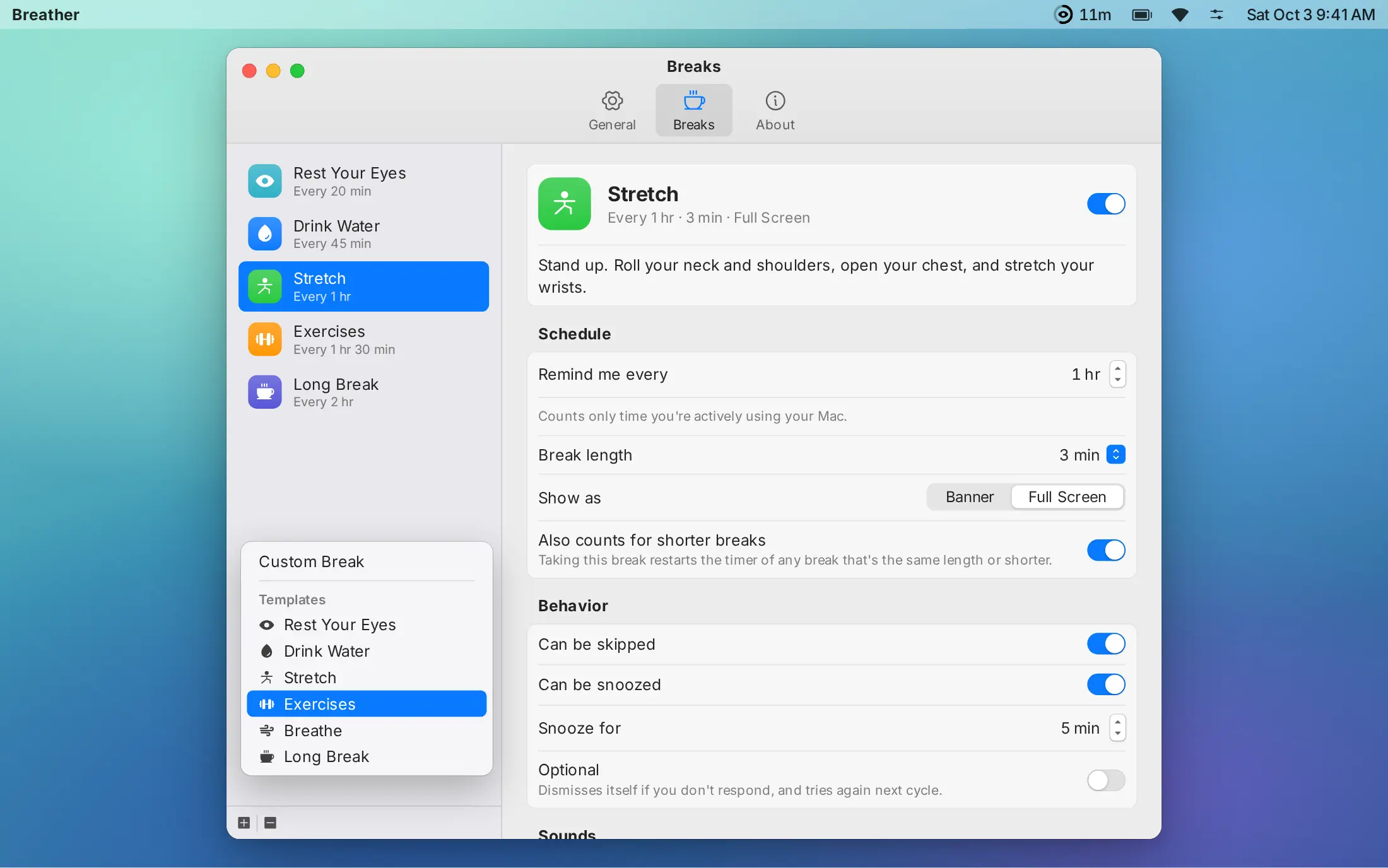 Breather's Breaks settings, editing the Stretch break, with the templates menu open.