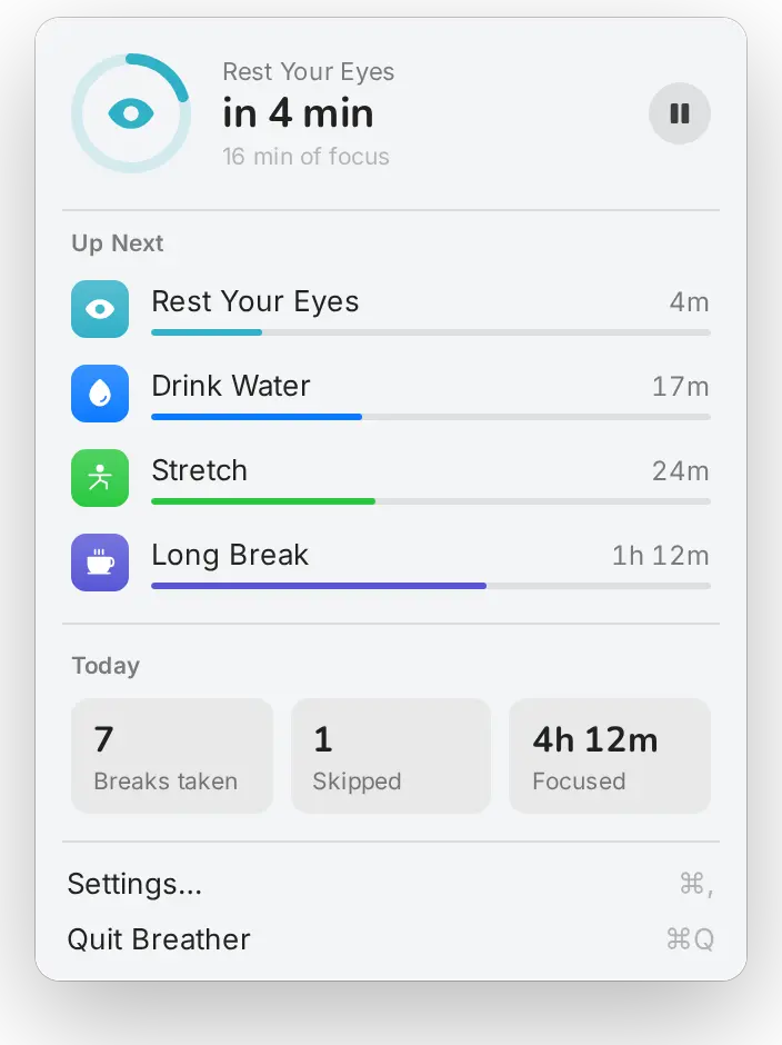 Breather's menu: Rest Your Eyes in 4 minutes, then Drink Water, Stretch and Long Break, with 7 breaks taken and 4 hours 12 minutes focused today.
